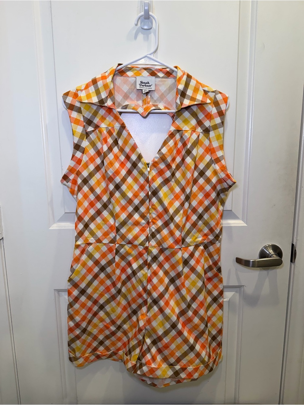 NWOT Unique Vintage Smak Parlour Gingham Pumpkin Spice Ladies Romper